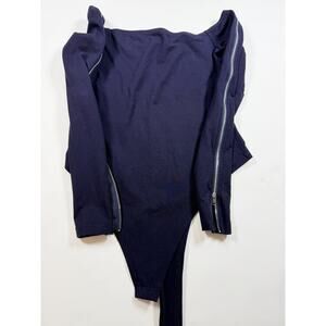 Women’s Superdown Off-Shoulder Bodysuit – Small – Navy Blue – Zip Sleeve Detail